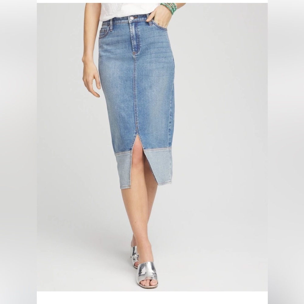 Chico’s Colorblock High-Rise Denim Pencil Skirt Front Slit Size 14 Two Tone